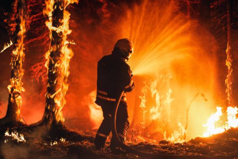 Firefighter battles wildfire.