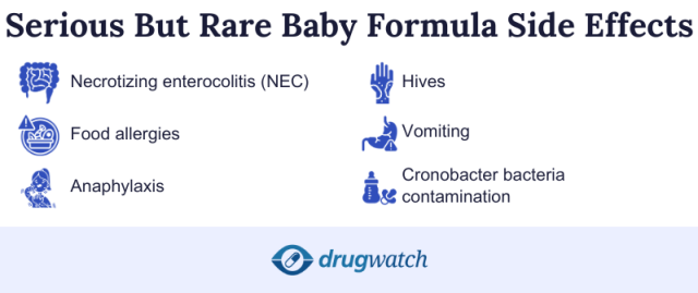 Infographic of serious but rare baby formula side effects.