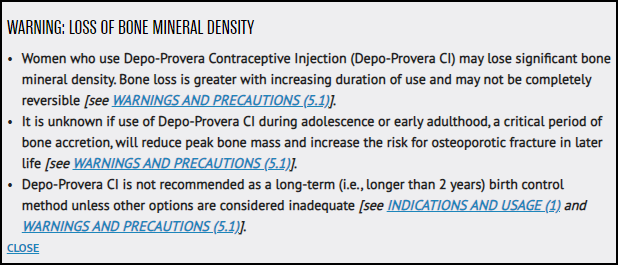 Depo-Provera Boxed Warning: loss of bone mineral density