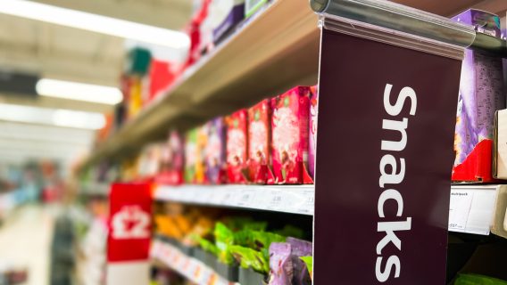 Grocery store snack aisle.