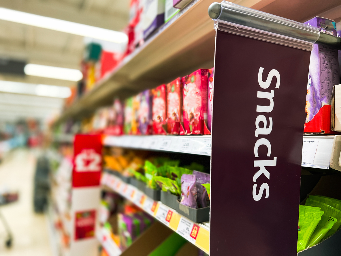 Grocery store snack aisle.